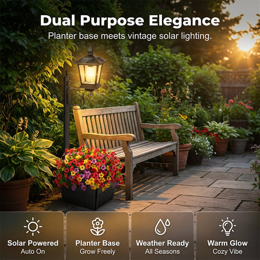 💎 50% OFF! 💎 Outdoor Solar Garden Light with Planter Base – Vintage Warm Glow, All-Weather Iron Design & Dual Function 🌸🌙