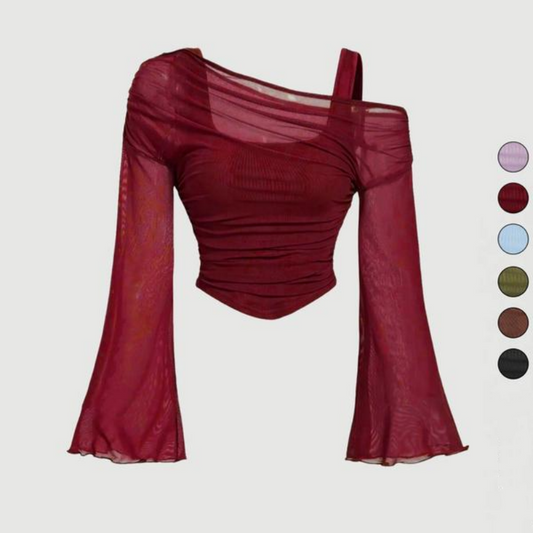 💎 50% OFF! 💎 Off-Shoulder Ruched Mesh Top – Flare Sleeves, Hourglass Fit & Breathable Sheer Glamour
