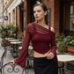 💎 50% OFF! 💎 Off-Shoulder Ruched Mesh Top – Flare Sleeves, Hourglass Fit & Breathable Sheer Glamour