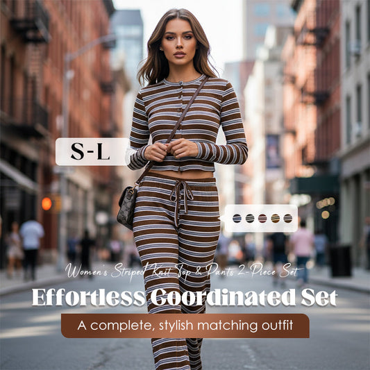💎 60% OFF! 💎 Women's Striped Knit 2-Piece Set – Soft Stretch Fabric, Button Crop Top & Drawstring Pants
