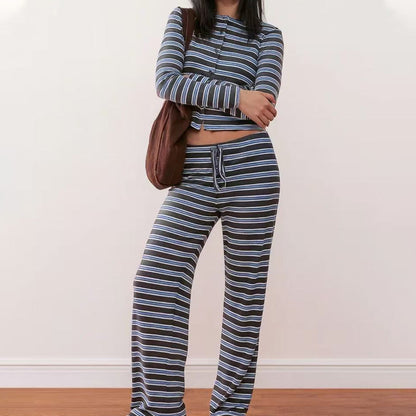 💎 60% OFF! 💎 Women's Striped Knit 2-Piece Set – Soft Stretch Fabric, Button Crop Top & Drawstring Pants