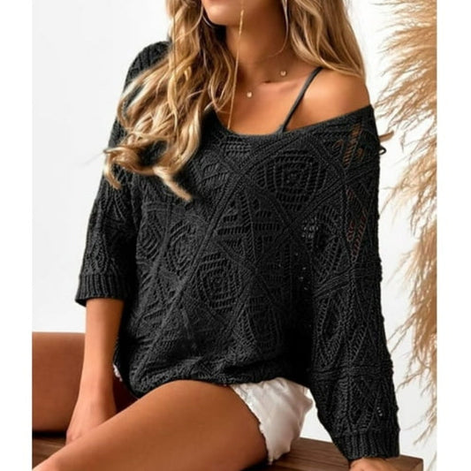 💎 50% OFF! 💎 Women's Summer Crochet Openwork Top – 3/4 Sleeve, Relaxed Fit & Breathable Cotton-Blend Knit