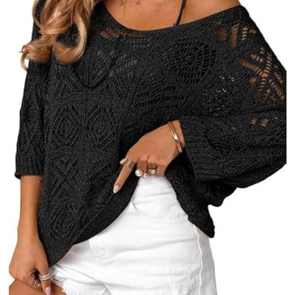💎 50% OFF! 💎 Women's Summer Crochet Openwork Top – 3/4 Sleeve, Relaxed Fit & Breathable Cotton-Blend Knit