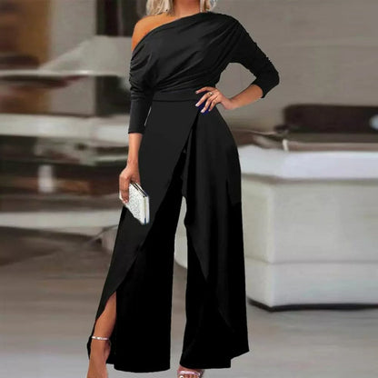 💎 50% OFF! 💎 Women's Elegant One-Shoulder Jumpsuit – Wide-Leg Flow, Wrap Skirt Detail & Premium Breathable Fabric