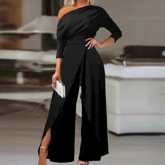 💎 50% OFF! 💎 Women's Elegant One-Shoulder Jumpsuit – Wide-Leg Flow, Wrap Skirt Detail & Premium Breathable Fabric