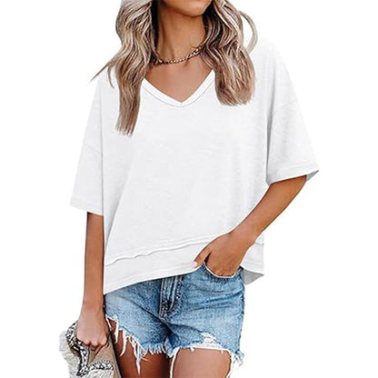 👕 LIMITED-TIME 50% OFF! ✨ Women's Half Sleeve V-Neck Top – Spliced Hem, Soft Fabric, Relaxed Fit 🌸