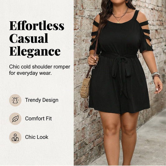 👕 LIMITED-TIME 50% OFF! ✨ Chic Cold-Shoulder Romper – Tie-Waist, Pockets, Black, L-4XL 🌞