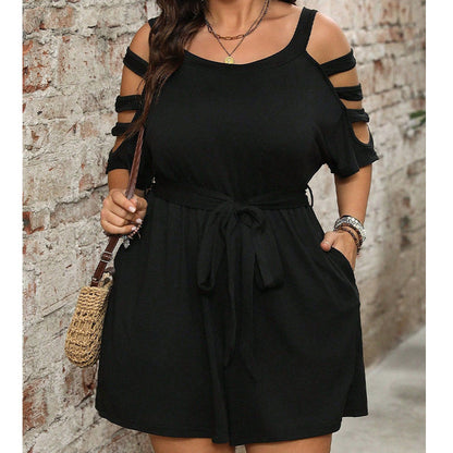 👕 LIMITED-TIME 50% OFF! ✨ Chic Cold-Shoulder Romper – Tie-Waist, Pockets, Black, L-4XL 🌞