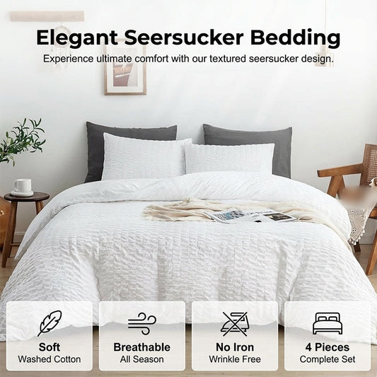 💎 -50% 4-PC SEERSUCKER SET! 💎 3D Textured, Pre-Washed Soft & Breathable for Cool Sleep