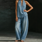 💎 -50% DENIM SETS! 💎 Vintage Washed Halter Top & Wide-Leg Pants for Retro Chic Style 👖✨