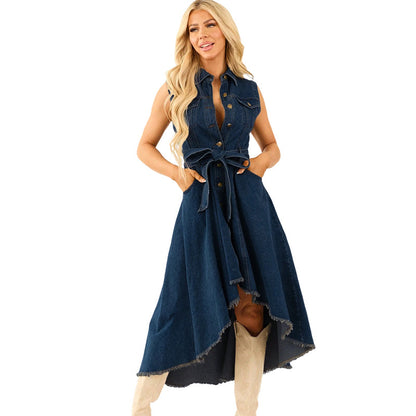 💎 -50% ON SLEEVELESS DENIM DRESS! 💎 High-Low Hem, Adjustable Waist & Premium Cotton for Summer Style 👗☀️