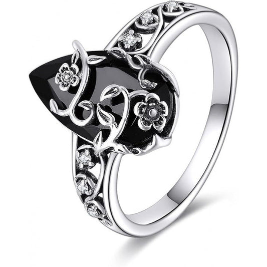 💎 50% OFF BOHEMIAN VINTAGE RING! 💎 Floral Vine Design, Black Teardrop Gem & Sparkling Accents for Timeless Elegance✨