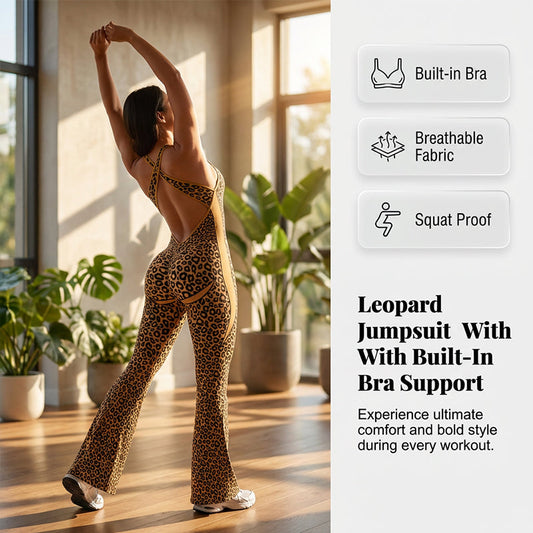 💎 FLASH SALE -50% on Women's Cheetah Print Jumpsuit! 💎 Built-in Bra, Open Back & Flared Legs for Effortless Confidence✨