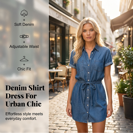 👗 LIMITED-TIME 50% OFF! 💥 Women's Casual Denim Shirt Dress – Drawstring Waist, Rolled Sleeves, Pocket ✨