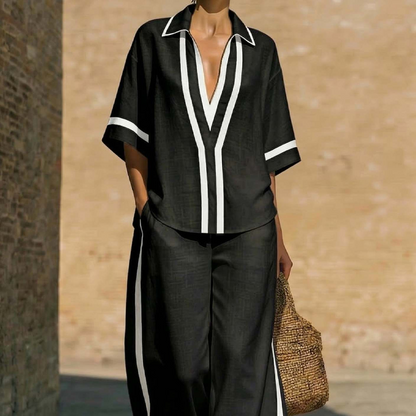 💎 FLASH SALE -50% on Women's Color-Block 2-Piece Set! 💎 Striking Black & White Stripes, V-Neck Shirt & Wide-Leg Pants for Effortless Style✨
