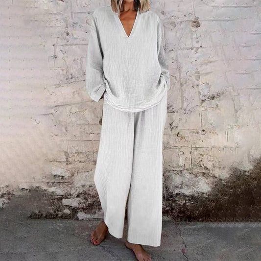 👕 LIMITED-TIME 50% OFF! ✨ Casual V-Neck & Pants Set – Solid Color, Wide-Leg, Coordinated 🍁