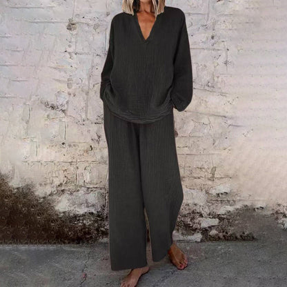 👕 LIMITED-TIME 50% OFF! ✨ Casual V-Neck & Pants Set – Solid Color, Wide-Leg, Coordinated 🍁