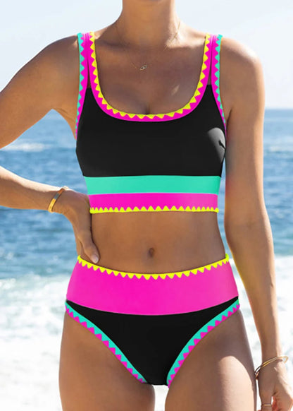 💎 -50% ON COLOR BLOCK PATCHWORK SPORTY 3-PIECE BIKINI SET! 💎 Bold Contrast, Mid-High Waist & Stretchy Nylon ✨