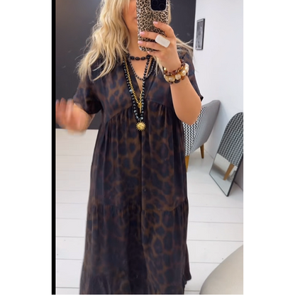 💎 -50% ON WOMEN'S V-NECK LEOPARD PRINT MAXI DRESS! 💎 Flowing Tiered Skirt, Flattering Waist & Short Sleeves ✨