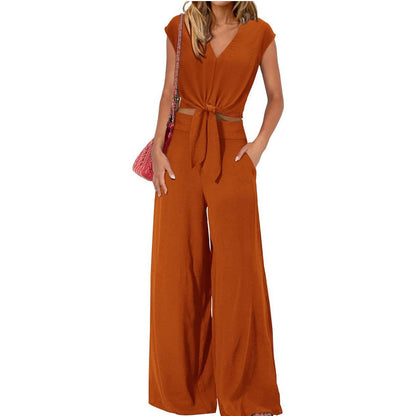 👗 50% OFF NOW! Women's Linen Two-Piece Set – Tie-Front Top & High-Waist Wide-Leg Pants 🌿