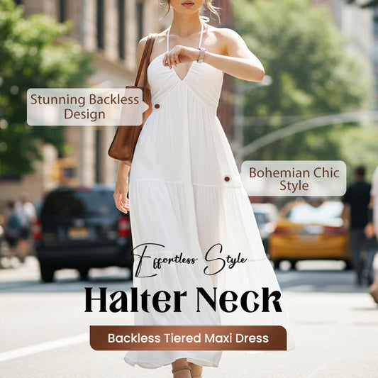 👗 LIMITED-TIME 50% OFF! ✨ Halter Neck Maxi Dress – Backless, Tiered, Empire Waist, Flowy ✨