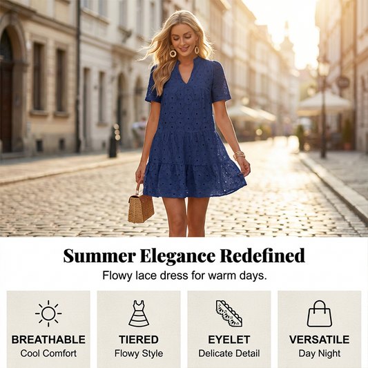 💎 50% OFF WOMEN'S EYELET LACE DRESS ! 💎 Flowy Babydoll Cut, Breathable Cotton & 9 Chic Colors ✨