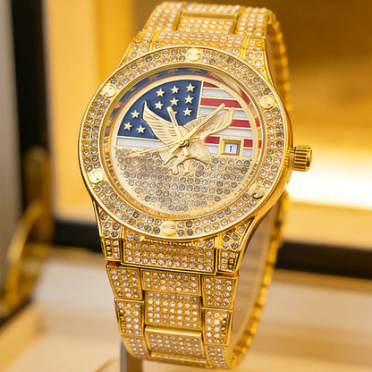 💎 60% OFF THE PATRIOTIC WATCH! 💎 Gold Plated, Iced Out & Eagle Dial for a Bold Hip Hop Style ✨