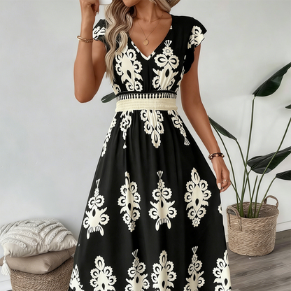 👗 LIMITED-TIME 50% OFF! ✨ Women's V-Neck Baroque Maxi Dress – Elegant, Flowy, Figure-Flattering 🌺
