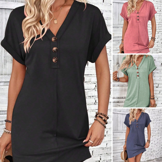 👗 LIMITED-TIME 50% OFF! 💥 Women's V-Neck Button Dress – Rolled Sleeves, Soft Fabric, 5 Colors ✨