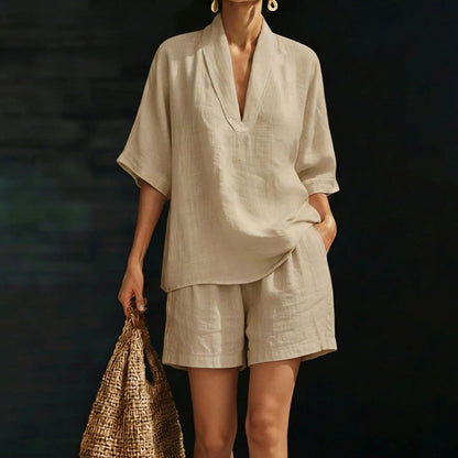 🩳 LIMITED-TIME 50% OFF! ✨ Women's V-Neck Top & Shorts Set – Casual, Loose Fit, 2-Piece 🌿