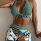 🌴 LIMITED-TIME 50% OFF! 💥 Leaf Print Halter V-Neck Two-Piece Swimsuit – Tropical Style, Flattering Fit, Quick-Dry ✨