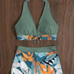 🌴 LIMITED-TIME 50% OFF! 💥 Leaf Print Halter V-Neck Two-Piece Swimsuit – Tropical Style, Flattering Fit, Quick-Dry ✨