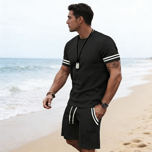 👕 LIMITED-TIME 50% OFF! 🏃‍♂️ Men's Striped 2-Piece Set – T-Shirt & Shorts, Moisture-Wicking, Adjustable Waist ✨