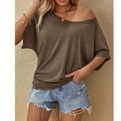 👚 FLASH SALE: 50% OFF! ☀️ Women's Off-Shoulder T-Shirt – Asymmetrical Neckline, Relaxed Fit & Breathable 🌸