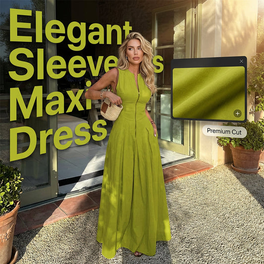 👗 LIMITED-TIME 50% OFF! ✨ Sleeveless Zip-Front Maxi Dress – High Waist, Flowy A-Line, Pleated 🦋