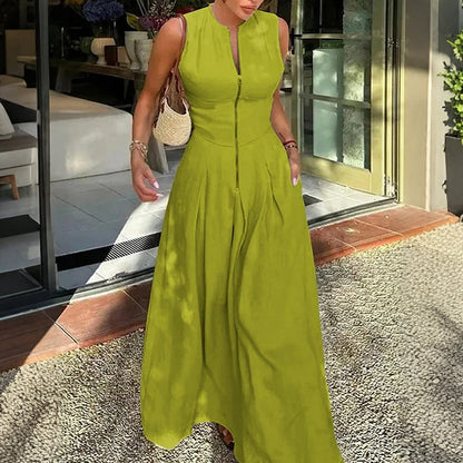 👗 LIMITED-TIME 50% OFF! ✨ Sleeveless Zip-Front Maxi Dress – High Waist, Flowy A-Line, Pleated 🦋
