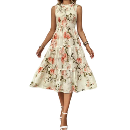 👗 LIMITED-TIME 50% OFF! 🌸 Women’s Sleeveless Floral Print Casual Dress – Smocked Bodice, Tiered Skirt, Midi Length ✨