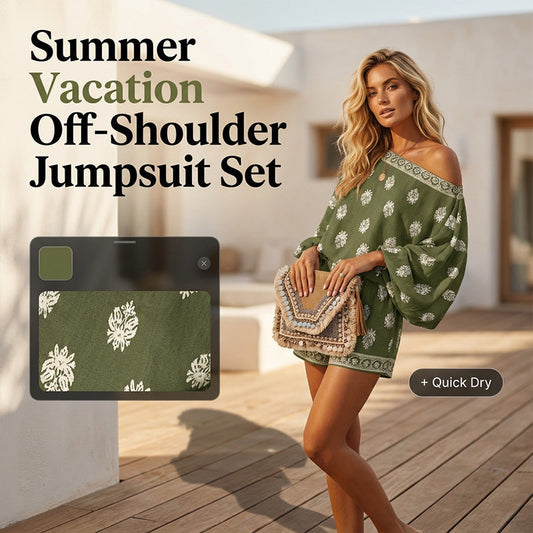 🏖️ LIMITED-TIME 50% OFF! ✨ Bohemian Off-Shoulder Jumpsuit Set – Vintage Print, Vacation, Relaxed ✨