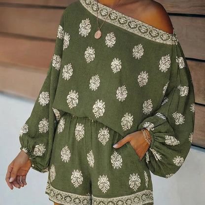 🏖️ LIMITED-TIME 50% OFF! ✨ Bohemian Off-Shoulder Jumpsuit Set – Vintage Print, Vacation, Relaxed ✨