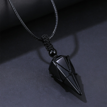 ✨ FLASH SALE: 50% OFF! 🖤 Conical Synthetic Obsidian Pendant – Unisex, Adjustable Cord, Woven Net & Minimalist 🎁