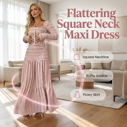 🌷 LIMITED-TIME 50% OFF! 👗 Flattering Square Neck Maxi Dress – Elegant, Textured Fabric & Smocked Bodice 💫