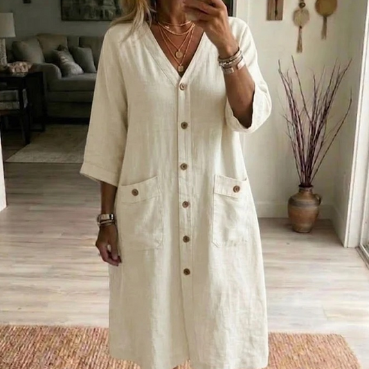 👗 LIMITED-TIME 50% OFF! 💃 Women's Casual V-Neck Midi Dress – Button-Down, Pockets, Relaxed Fit 🍃