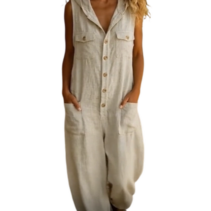 🌞 LIMITED-TIME 50% OFF! 👚 Women's Sleeveless Hooded Jumpsuit – Breathable Linen, Loose Fit & Pockets 🍃