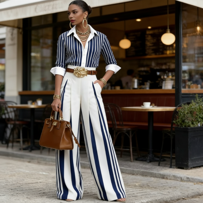 👔 LIMITED-TIME 50% OFF! ✨ Women's Striped 2-Piece Set – Shirt & Wide-Leg Pants, Breathable Polyester, Sizes S-5XL 🌿
