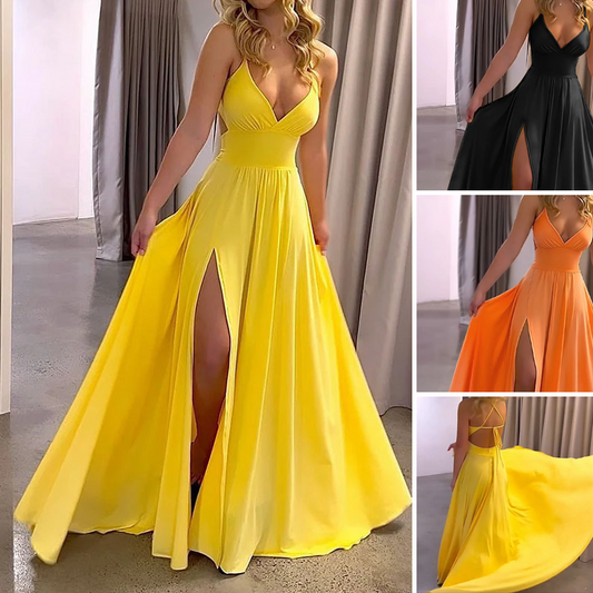 👗 LIMITED-TIME 50% OFF! ✨ V-Neck Slit Maxi Dress – Spaghetti Strap, High Waist, A-Line Flow 🌸