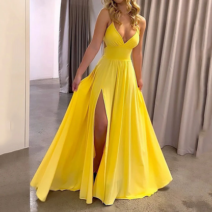 👗 LIMITED-TIME 50% OFF! ✨ V-Neck Slit Maxi Dress – Spaghetti Strap, High Waist, A-Line Flow 🌸