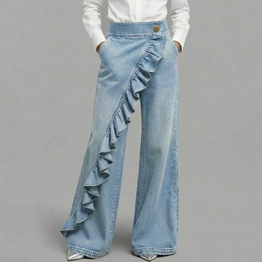 🎀New Trend Alert!✨ Women’s Asymmetrical Ruffle Wide-Leg Denim Pants