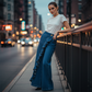 🎀New Trend Alert!✨ Women’s Asymmetrical Ruffle Wide-Leg Denim Pants