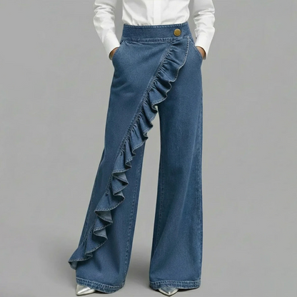 🎀New Trend Alert!✨ Women’s Asymmetrical Ruffle Wide-Leg Denim Pants