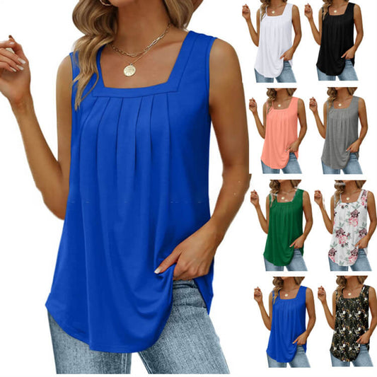 👕 LIMITED-TIME 50% OFF! ✨ Women's Square Neck Sleeveless Vest T-Shirt – Pleated Front, Flowy Fit, Versatile Style 🌸